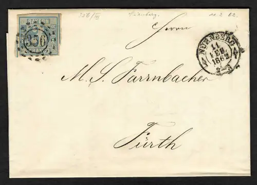 Bayern: Offener Mühlradstempel Nr. 356, MiNr. 2, Nürnberg 1862 nach Fürth
