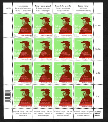 Schweiz 2019: 16er Bogen Huldrych Zwingli, tut um Gotteswillen etwas Tapferes **