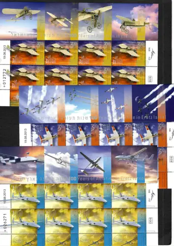 Israel 2013: 100 years of Aviation in Eretz Israel, 3x Kleinbogen, postfrisch