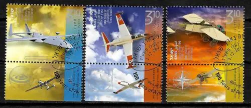 Israel 2013: 100 years of Aviation in Eretz Israel, 3x Marken, gestempelt