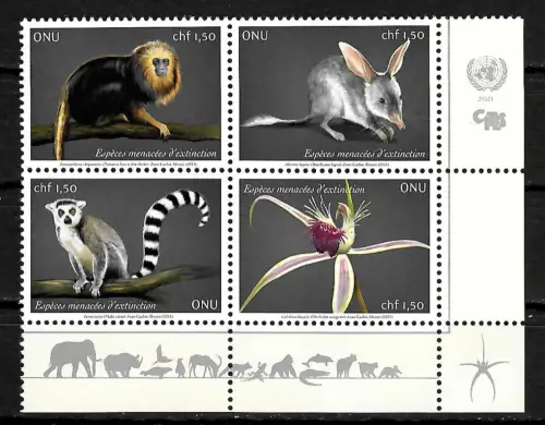 UNO Genf 2021: 4er Block Espèces menacées d' extinction, postfrisch