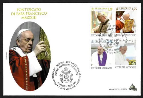 Vatikan 2023: Pontificat Papst Franziskus, FDC mit 4 Briefmarken