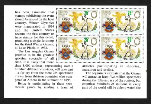 Belize 1984: Olympische Spiele Los Angeles,  Steinwerfer/Diskus, postfrisch