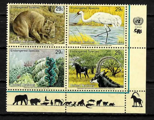 UNO New York 1993: Endangered Species, 4er Block, postfrisch