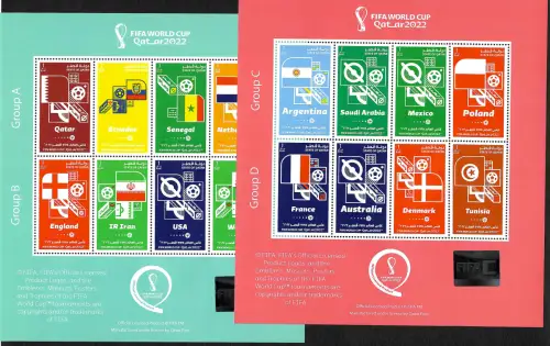 Dänemark 2022: Fifa World Cup Qatar, 4x Kleinbogen mit allen Gruppen/Teams