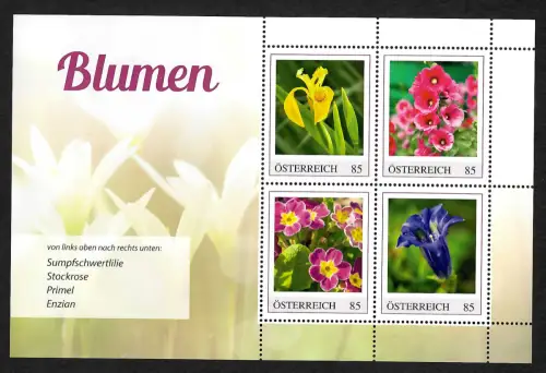 Österreich 2021: Blumen: Stockrose, Primel, Enzian, Sumpfschwertlilie, **