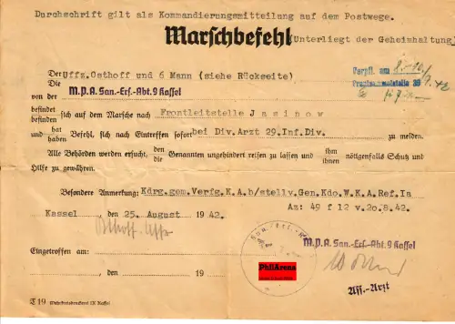 GG: Marschbefehl Kassel an Frontleitstelle Jasinow. 6 Mann mit Uffz.