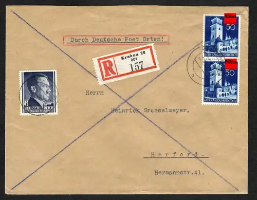 Generalgouvernement GG: Einschreiben Krakau 1942, portogerecht