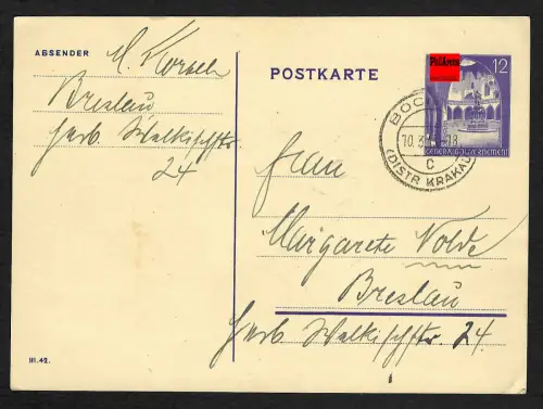 Generalgouvernement GG: Ganzsache Bochnia nach Breslau 1943