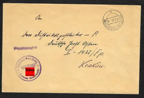 Generalgouvernement GG: Postsache Frysztak Krosnienski 1940 nach Krakau