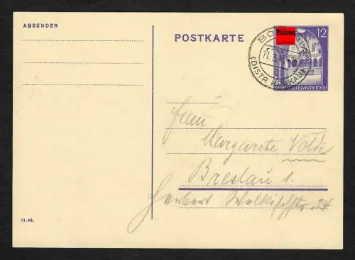 Generalgouvernement GG: Ganzsache Bochnia nach Breslau 1943.