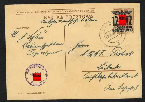 Generalgouvernement GG: Ganzsache Bauinspektion Opoczno Mai 1940