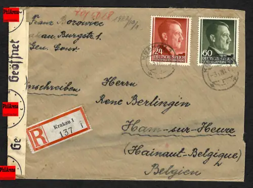 GG Auslandspost: Einschreiben von Krakau nach Ham-sur-Heure, Belgien 8.1943