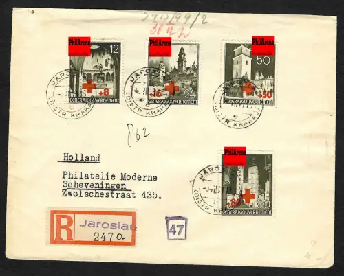 GG Auslandspost: R-Brief Jaroslau Satzbrief MiNr. 52-55 nach Niederlande, 1941