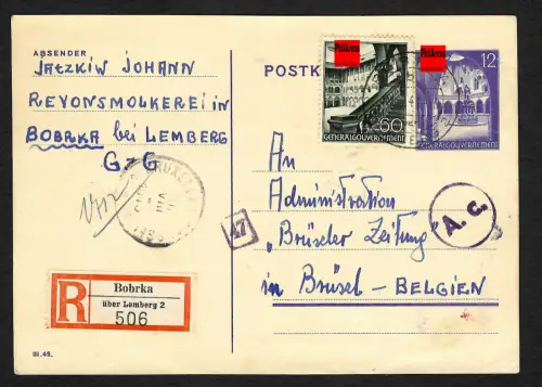 GG Auslandspost: Einschreiben Ganzsache Molkerei Bobrka nach Brüssel, 1943