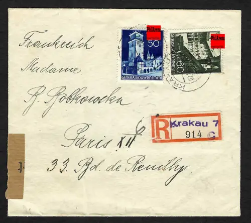 GG Auslandspost: Einschreiben Krakau 7 nach Paris, portogerecht