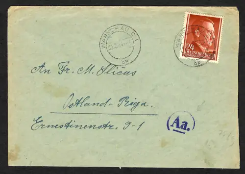 GG Auslandspost: Brief von Warschau 2.44 nach Ostland Riga - portogerecht