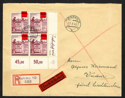 GG Auslandspost: R-Eilbrief Krakau 10 nach Vaduz/Liechtenstein