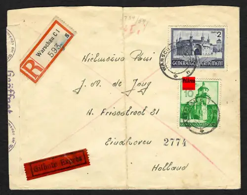 GG Auslandspost: R-Eilbrief Warschau nach Eindhoven/NL, portogerecht 1941