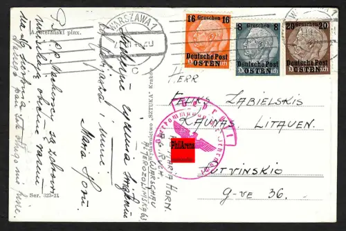 GG Auslandspost: Oster-Postkarte Warschau nach Litauen, 1940