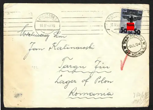 GG Auslandspost: Brief von Warschau 1940 nach Rumänien, Polenlager