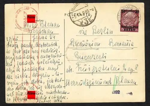 GG Auslandspost: Postkarte von Warschau nach Bukarest, portogerecht 1940