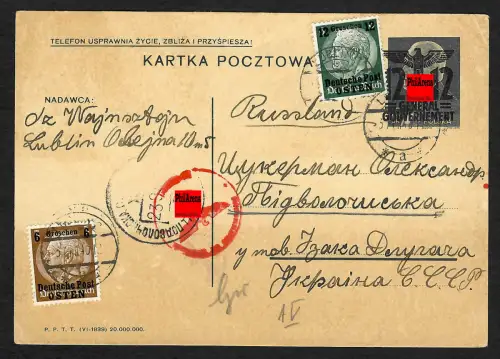 GG Auslandspost: Ganzsache von Lublin 1940  nach Russland