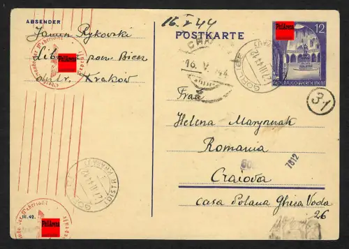GG Auslandspost: Ganzsache von Gorlice nach Rumänien 1944