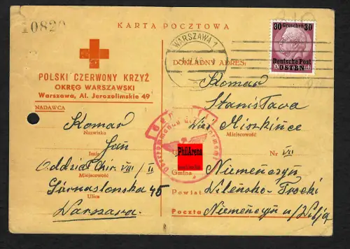 GG Auslandspost: Rote Kreuz Karte von Warschau nach Nijmegen/NL