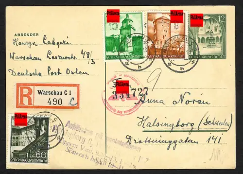 GG Auslandspost: R-Ganzsache von Warschau nach Schweden 1941