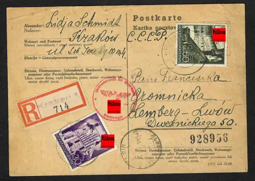 GG Auslandspost: R-Postkarte von Krakau nach Lemberg/Russland 1941