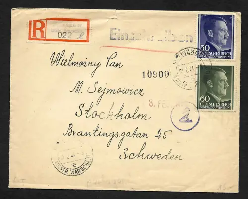 GG Auslandspost: R-Brief Pruszkow 1944 nach Stockholm/Schweden, Briefinhalt