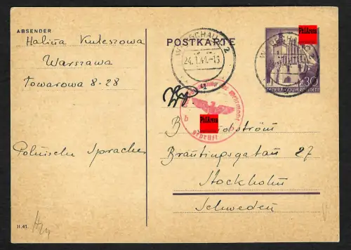GG Auslandspost: Ganzsache P11 von Warschau 1944 nach Stockholm