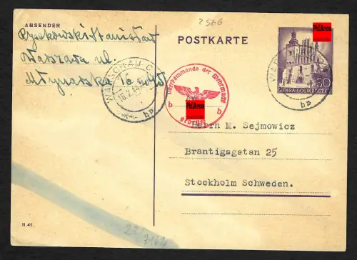 GG Auslandspost: Ganzsache P11 von Warschau 2.1944 nach Stockholm