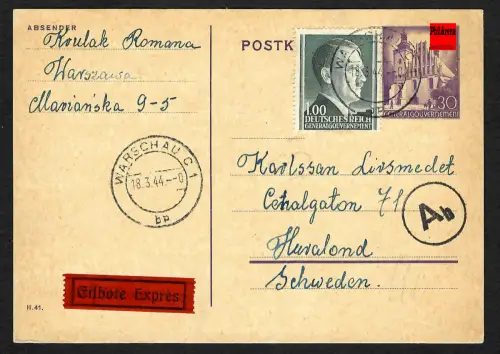 GG Auslandspost: Eilbote Ganzsache P11 von Warschau 03.1944 nach Stockholm