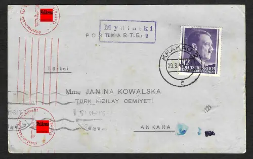GG Auslandspost: Vordruck-Postkarte Mydluiki Krakau-Ankara, 1943 Inlandstarif