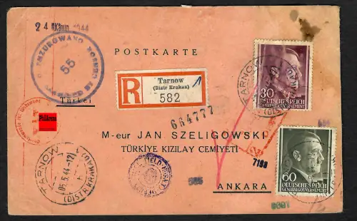 GG Auslandspost: R-Vordruck-Postkarte Mydluiki Krakau-Ankara, 1944