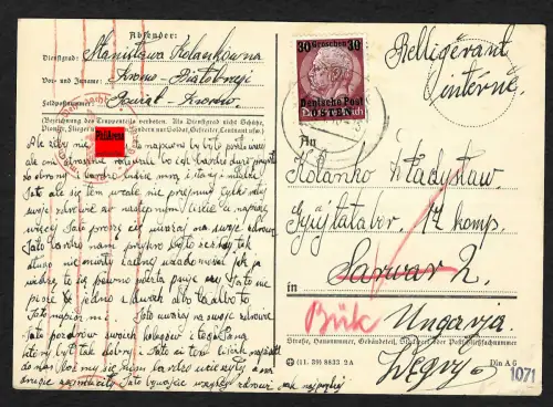 GG Auslandspost: Postkarte von Krosno nach Ungarn, 3.1940 - Interniertenlager