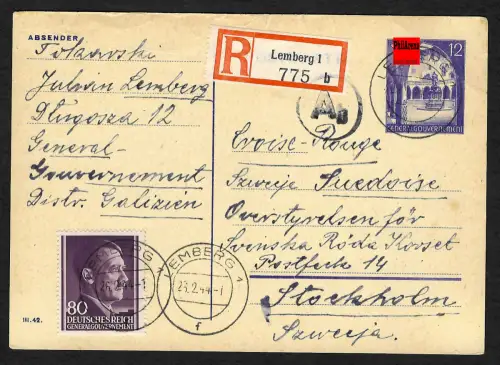 GG Auslandspost: Ganzsache Lemberg an Rotes Kreuz Stockholm, 2.1944
