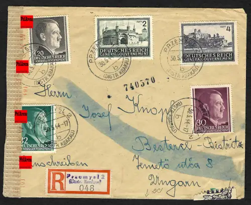 GG Auslandspost: Einschreiben Przemysl nach Ungarn, 5.1944, überfrankiert