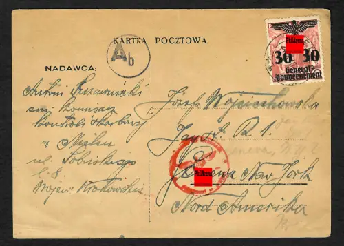 GG Auslandspost: Postkarte Nisko nach New York, 9.1940