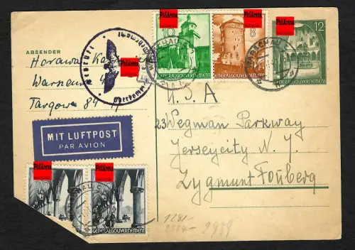 GG Auslandspost: Ganzsache als Luftpost von Warschau nach USA, 2.1941