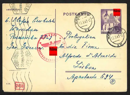 GG Auslandspost: Ganzsache P11 Warschau 10.1943 nach Lissabon