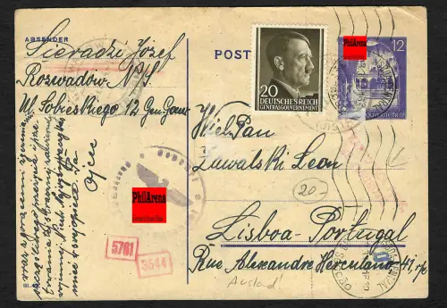 GG Auslandspost: Ganzsache Rozwadow nach Portugal, Weiterleitung England 1944