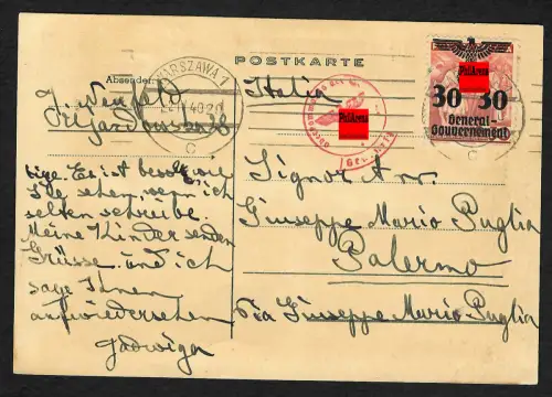 GG Auslandspost: Postkarte 4.1940 Warschau nach Palermo/Italien