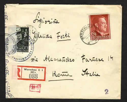 GG Auslandspost: Einschreiben Warschau nach Rom/Italien, Inlandstarif 