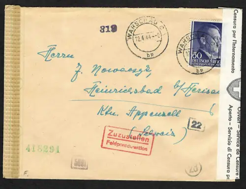 GG Auslandspost: Interniertenpost von Warschau in die Schweiz(Appenzell) 4.1944