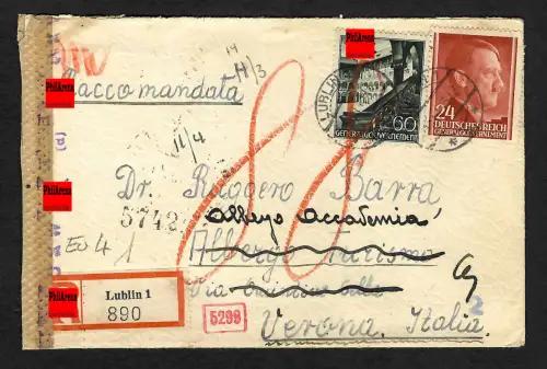 GG Auslandspost: Einschreiben Lublin nach Verona, Weiterleitung, Nachgebühr
