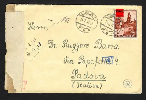 GG Auslandspost: Brief Lublin nach Padova 10.1942, dt. und ital. Zensur