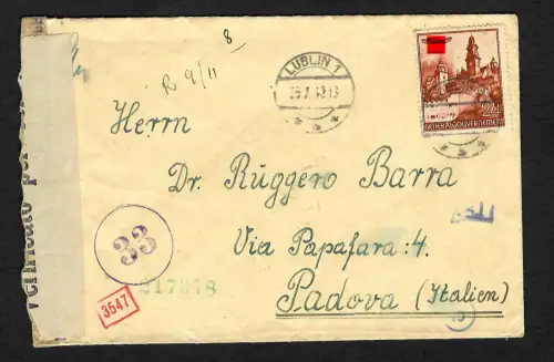GG Auslandspost: Brief Lublin nach Padova, 10.1942, dt. und ital. Zensur